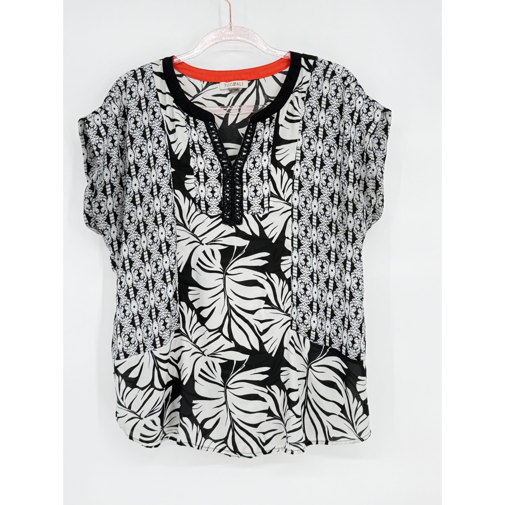 Roz & Ali Black‎ White Tropical Leaf Print V Neck Short Sleeve Tunic Top L